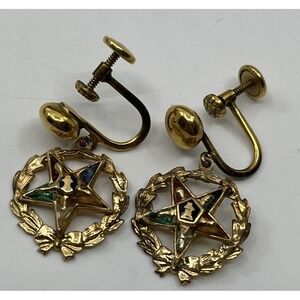 Vtg 10k Gold Order Of The Eastern‎ Star Enamel Earrings Screw Back Free Masonary
